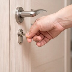 Opening of a Lock - Person Putting a Key in the Keyhole of a Locked Door - Homeownership, House Security, Preservation of Property - Front Door or Indoors - Prevention of Theft and Burglary