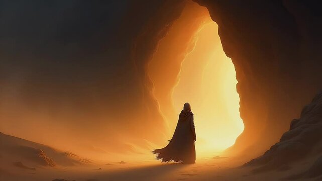 Cloaked figure at cave entrance in desert