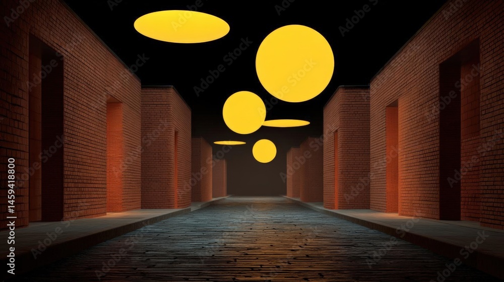 Aufkleber long, narrow corridor with brick walls on either side. the walls are made of red bricks and are arra