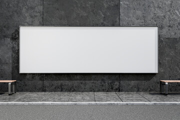 Wide billboard on city street wall during daytime. Wide poster for your design. Wall space for your brand logo. Blank billboard on metal wall. Empty advertising space on street wall. 3D render.