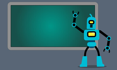 funny cartoon android with speech bubble. Blue robot cartoon character vector design with board and monitor background