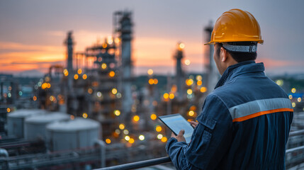 Engineer industrial refinery safety helmet tablet sunset inspection energy technology