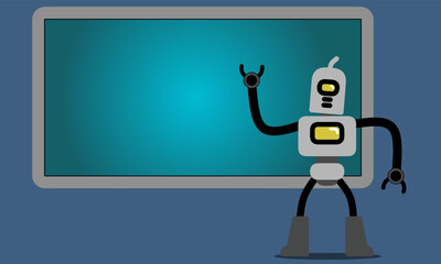funny cartoon robot with blank sign. gray robot cartoon character vector design with board and monitor background