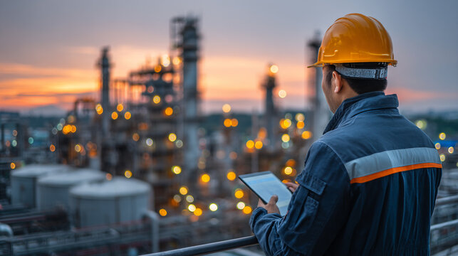 Engineer industrial refinery safety helmet tablet sunset inspection energy technology