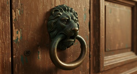 A close up of a lion head door knocker on a weathered wooden door with chipped paint details visible
