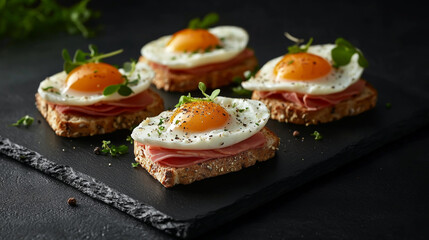 A beautiful food photography of three open-faced sandwiches with eggs, ham, and vegetables on a black slate plate, against a dark background.