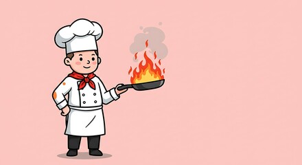 cute cartoon illustration, chef in chef uniform holding a flaming pan, flames shooting up, position subject at the top with clear copy space at the bottom for photos
