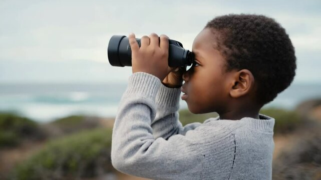 A young african child in grey sweater observes ocean wildlife with focused gaze. Concept of learning curiosity and environmental awareness