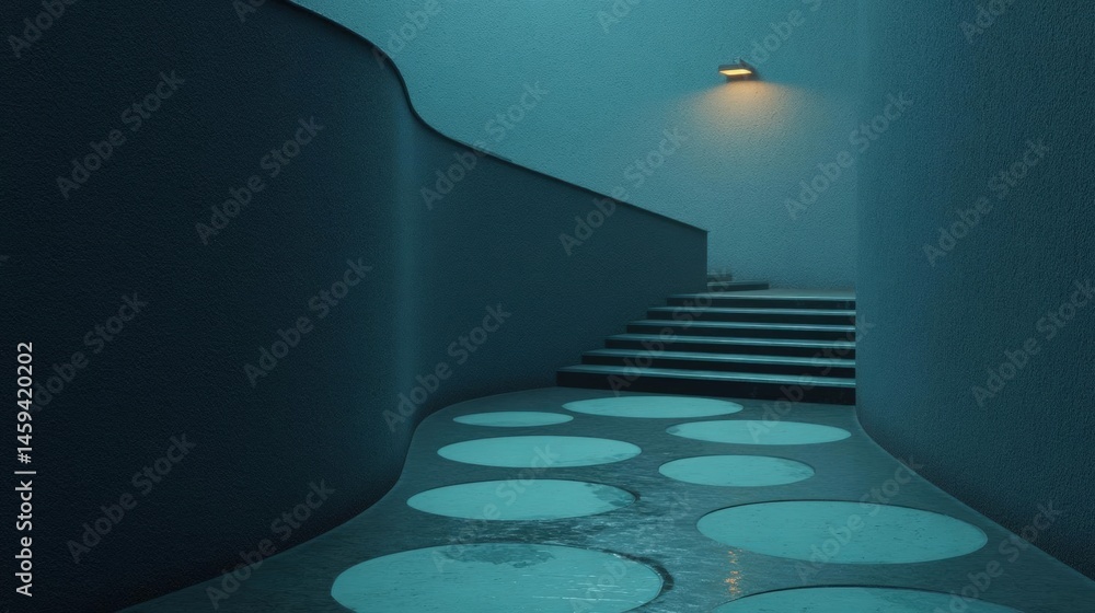 Poster dimly lit staircase in a dark room. the walls are painted in a deep blue color and the floor is made