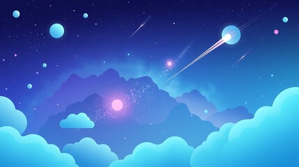 Naklejka premium Modern flat design 3D render of a cosmic galaxy simple two-dimensional shapes, blues, greens, purples, glowing gas clouds, meteor showers, celestial bodies, ethereal dreamy sci-fi ambiance