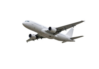 A commercial airplane in flight, isolated on a transparent background.