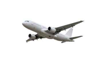 A commercial airplane in flight, isolated on a transparent background.