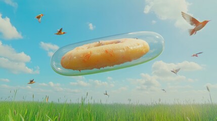 Fototapeta premium Floating donut in capsule, birds in sky over field