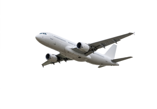 A commercial airplane in flight, isolated on a transparent background.