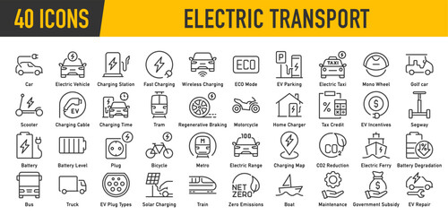 Electric vehicle or transport web icons in line style editable stroke. Electric car, battery, charging station, solar panel, range, plug, collection. Vector illustration.
