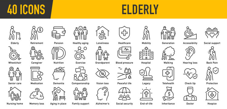 Elderly web icons in line style editable stroke. Care, pension, senior, grandparents, wheelchair, doctor, alzheimer, caregiver, retirement, collection. Vector illustration.