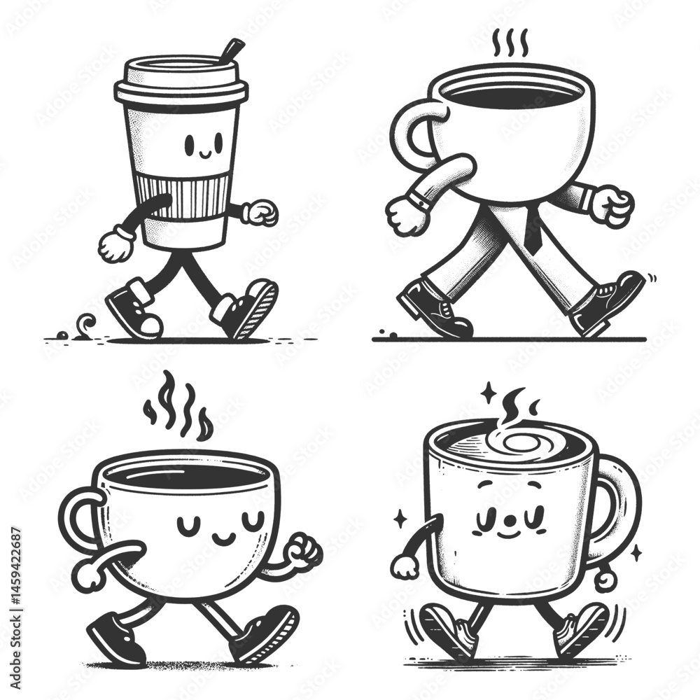 Poster coffee cups walking set collection bundle sketch engraving generative ai vector illustration. scratc