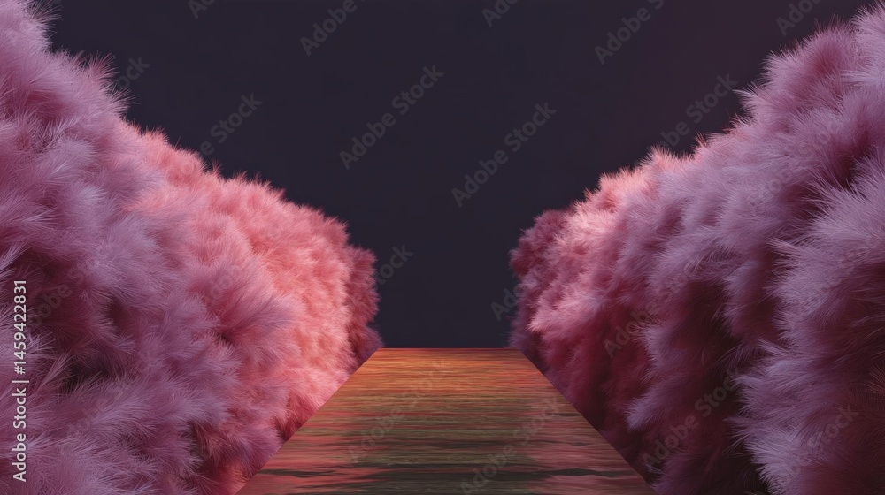 Poster long, narrow pathway that leads to the horizon. the pathway is made up of multiple layers of pink fe