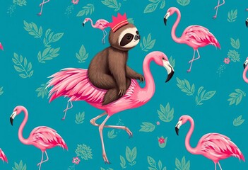 Adorable sloth riding flamingo, seamless blue pattern, wildlife, tropical