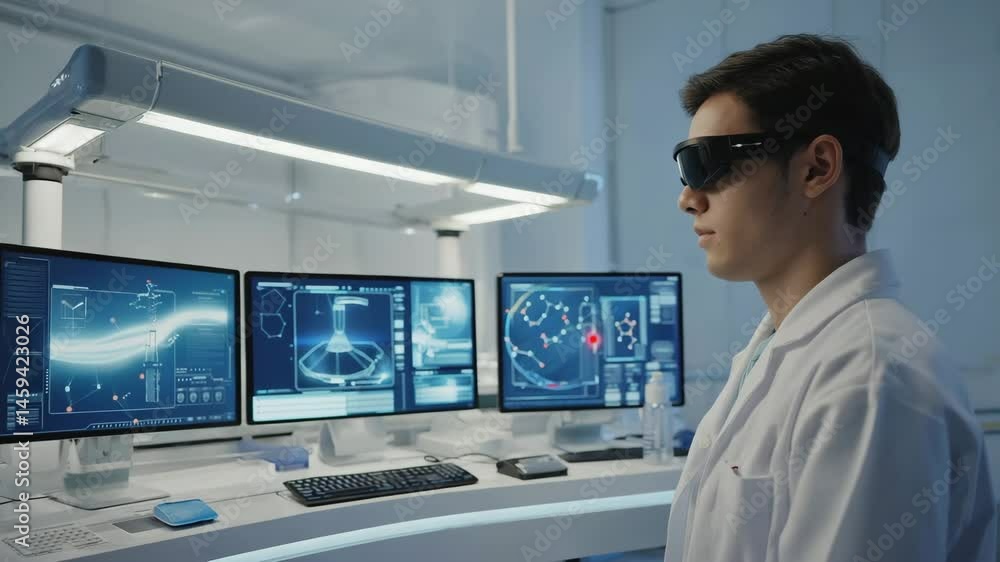 Aufkleber a focused male scientist wearing augmented reality goggles analyses molecular simulations on multipl