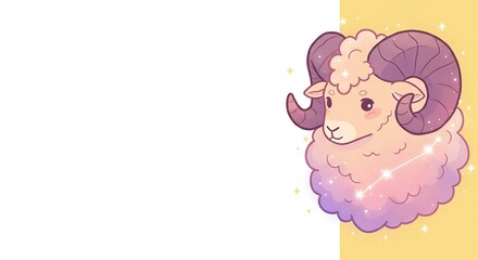 Fototapeta premium cute cartoon illustration, ethereal aries zodiac sign on the right, clear copy space on the left. ,isolated on bright background, no text