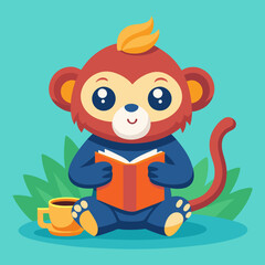 Download Cute Monkey Reading Book With Coffee Cartoon Vector Icon Illustration Eps File For Design.
