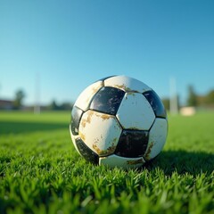 Fototapeta premium A used soccer ball resting on a green field with a blue sky in the background