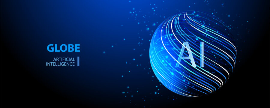 Big data network. Globe Ai background. Round particles lines technology banner. Artificial Intelligence futuristic sphere network connect vector design.
