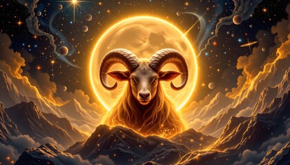 Cosmic Aries: A captivating illustration showcasing the Aries zodiac sign with its iconic ram, radiating celestial energy against a backdrop of stars and a radiant moon.