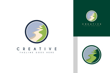 A serene beach logo featuring a white sandy pathway leading to the ocean, symbolizing tranquility, escape, and nature. Perfect for travel, resort, or lifestyle brands with a coastal theme.