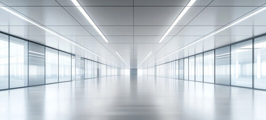 Obraz premium Modern office interior with sleek minimalist design, glass walls, bright lighting, and spacious open floor plan, creating clean and professional atmosphere