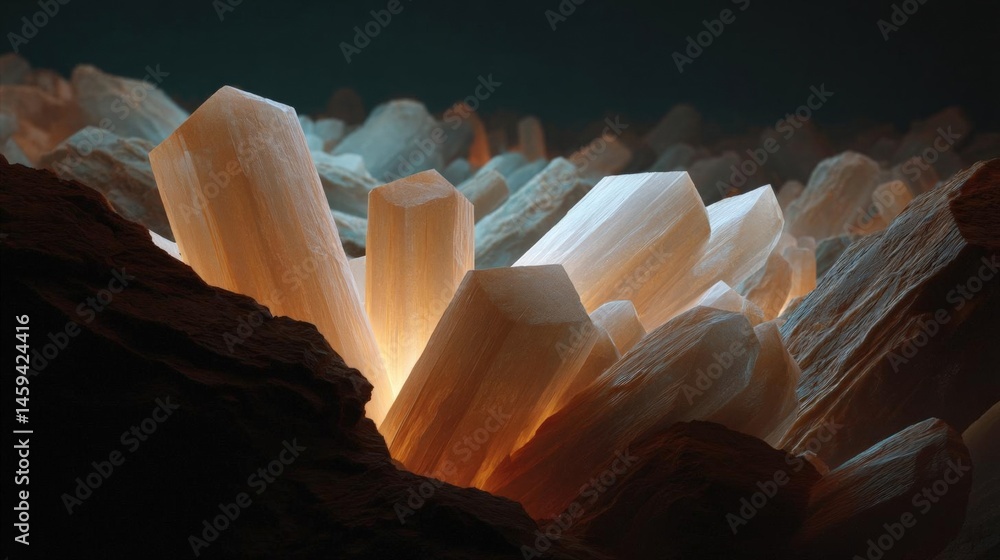 Poster close-up of a group of crystals arranged in a cluster. the crystals are of different sizes and shape