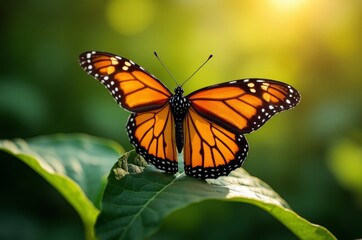 Fototapeta premium Brightly colored butterfly perched on leafy green plants with blurred background