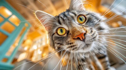 Curious Cat's Fisheye Gaze, a playful feline exploring with soft fur and wide, innocent eyes, embodying the charm and humor of pet interactions.