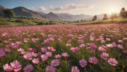 Fototapeta premium Rows of cosmos bloom in a picturesque countryside setting , colorful, nature, rural