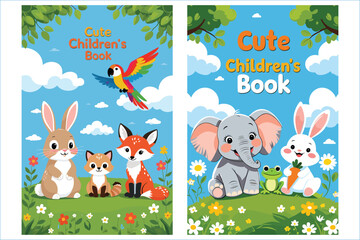 Cartoon Animal Book Cover Illustrations Featuring Bunny Elephant Parrot And Fox Cubs