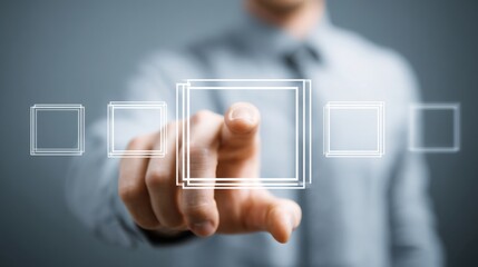 Man engaged in touching a virtual reality interface in an immersive environment showcasing technology and interaction