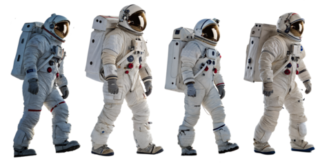 Set of astronauts isolated on a transparent background. Concept of working in space