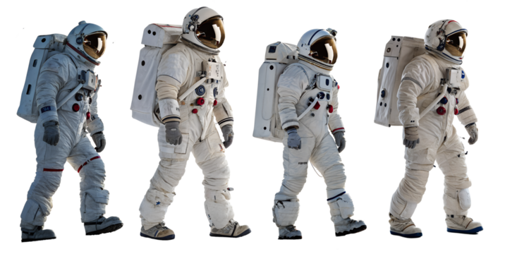 Set of astronauts isolated on a transparent background. Concept of working in space