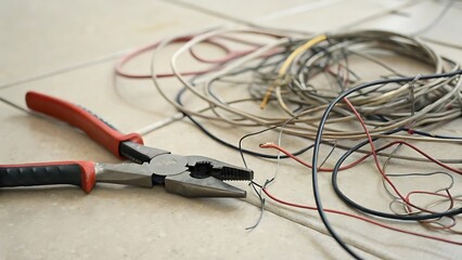 A pair of wire cutters near tangled wire