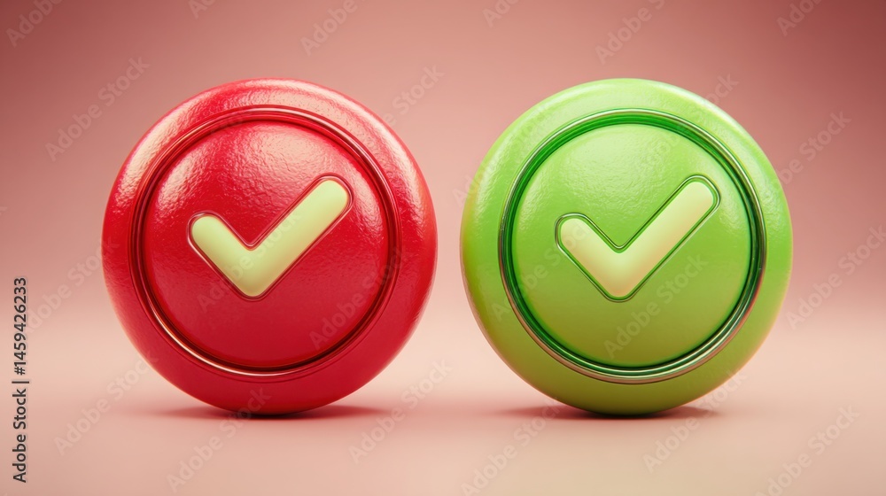 Poster two colorful green and red buttons representing ai-based upsell suggestion tool for matching offers 