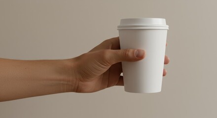 Hand Holding a Coffee Cup - A hand holds a plain white paper coffee cup against a neutral beige background. Concepts: simplicity, minimalism, everyday moments, beverage, caffeine