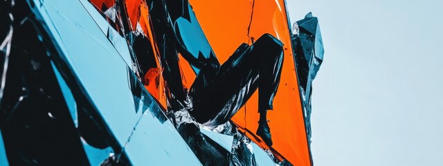 Abstract art featuring clashing colors of blue, orange, and black.  Dynamic interplay of shapes and forms
