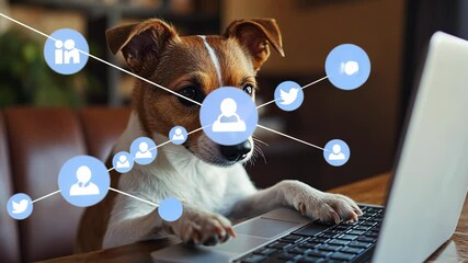 A clever dog sits at a laptop, enthusiastically engaging with social media icons around it. This adorable scene captures the essence of a modern pet thriving in a digital world.

