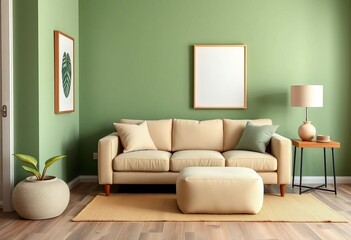 Beige sofa, armchair, side table in muted green living room corner, elegant, cushions
