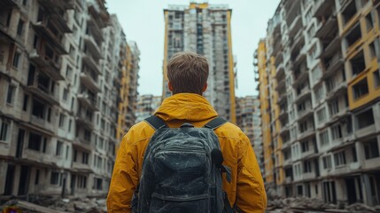 Urban exploration, deserted buildings, and a thoughtful individual.