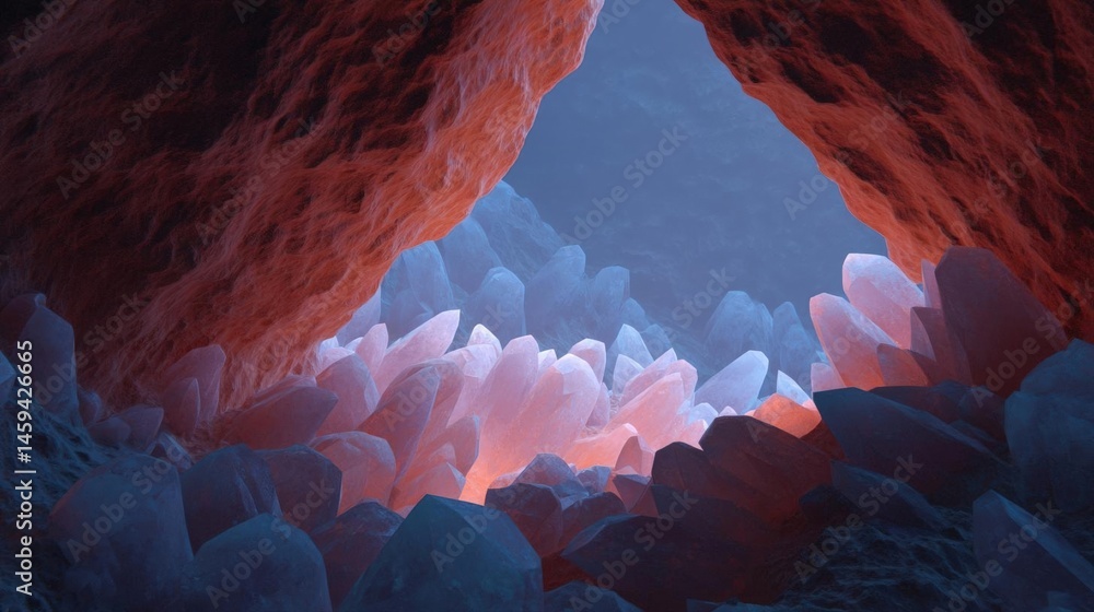 Poster cave with a large opening in the center. the cave appears to be made of red rock and is filled with 