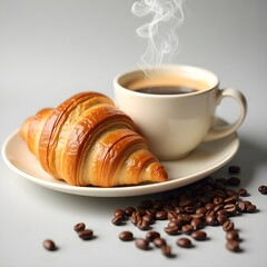 Freshly baked croissants and coffee served on a plate with coffee beans scattered on a light gray background