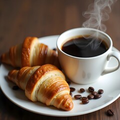 Two golden brown croissants sit on a white plate alongside a cup of black coffee. Coffee beans are scattered around, creating a cozy breakfast setting.
