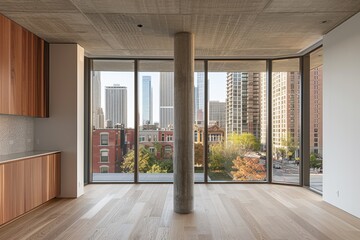 Fototapeta premium Modern interior with large windows showcasing a city view.